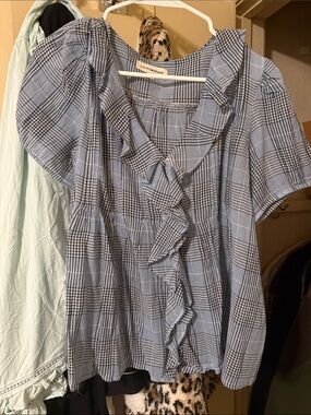 Lucky Brand Light Blue Plaid Ruffle Button-Front Top